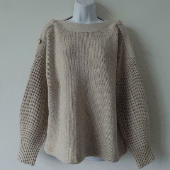 New AKRIS Beige Cashmere Wool Blend Boatneck Drop Shoulder Button Sweater 12 - Picture 1 of 7